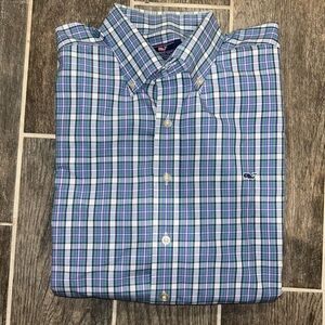 Vineyard Vine Whale Shirt Men’s Blue Green XXL Button Up Plaid Long Sleeve